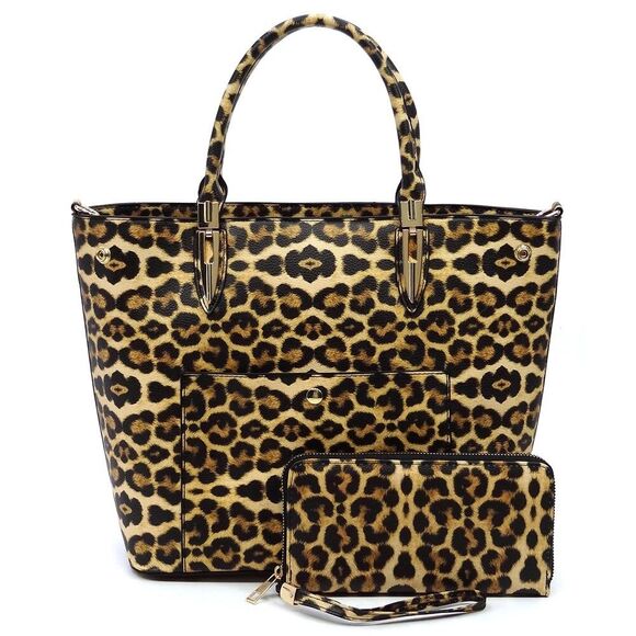 Women's Leopard Pattern Fashion Top Handle Satchel Work Tote Bags 2pcs Set - Picture 2 of 2